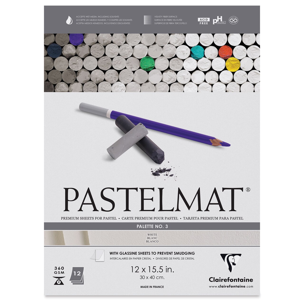 Clairefontaine Pastelmat Pad - 12" x 15-1/2", White, 12 Sheets